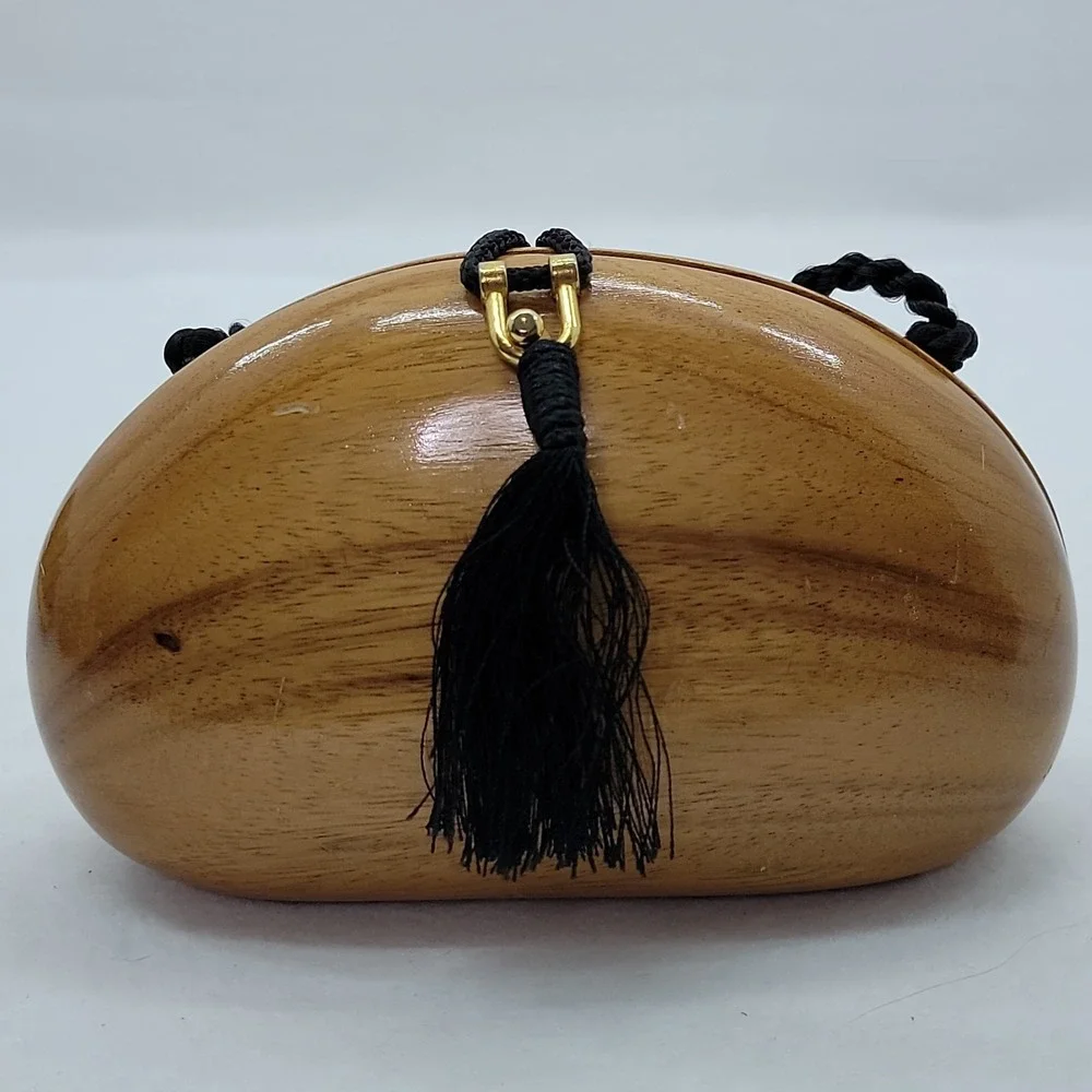 Timmy Woods Beverly Hills Handcrafted Clutch Bag Black Tassel Strap Acacia Wood